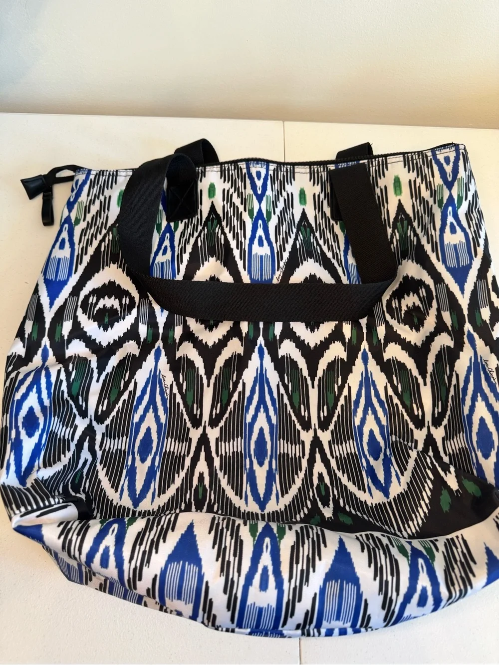 Chico's Black Tote with Blue & Green Ikat Pattern & makeup bag